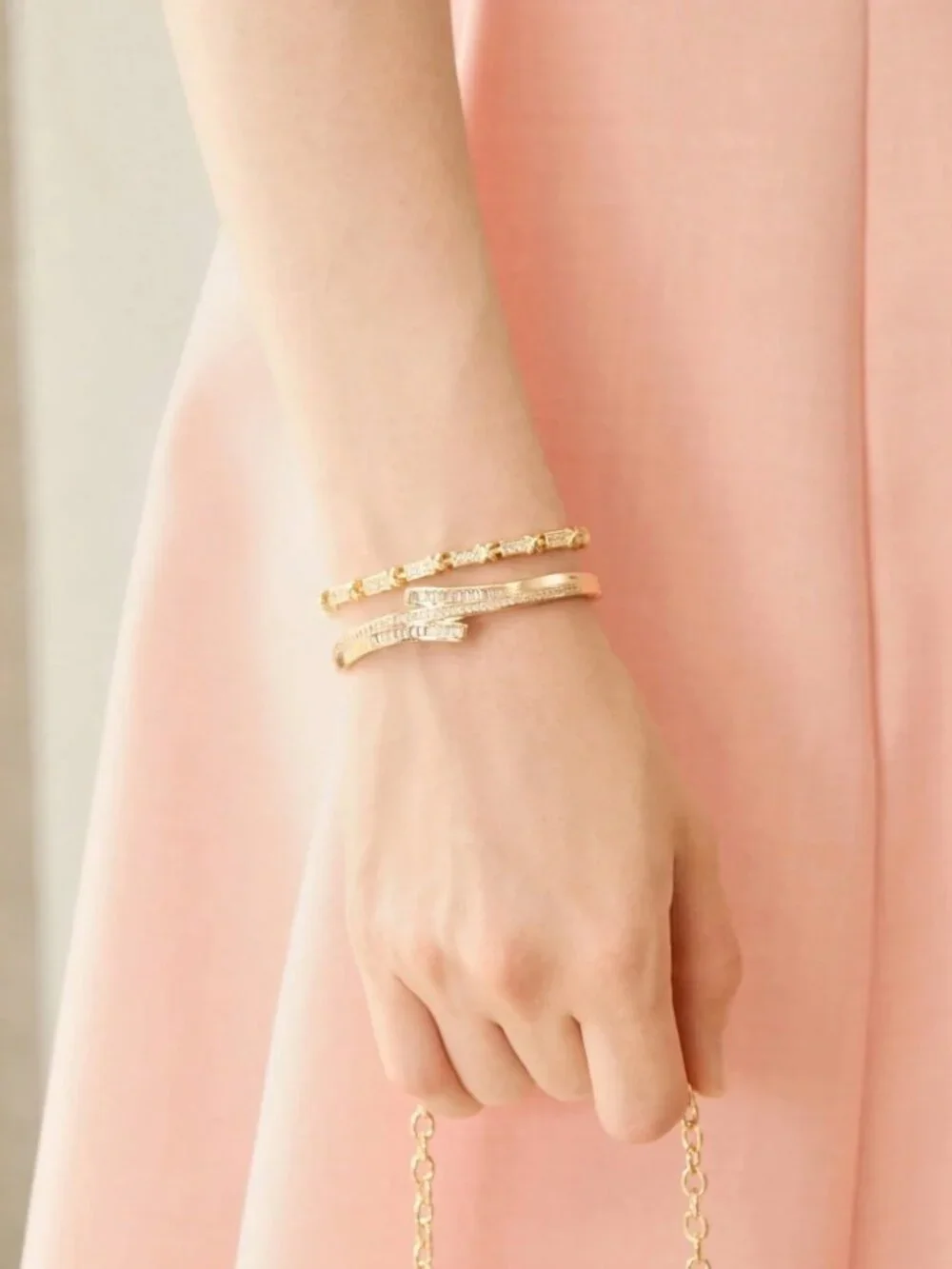 Gold Baguette Crystal Bangle & Tennis Bracelet Set